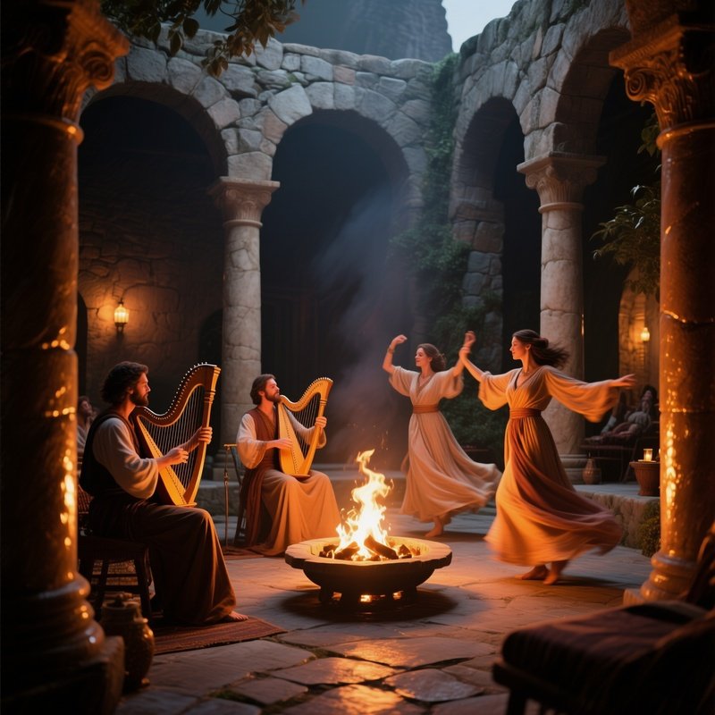 An Intimate Evening Gathering Around A Fire Pit Inside A Stone Courtyard, Musicians Playing Lyres,