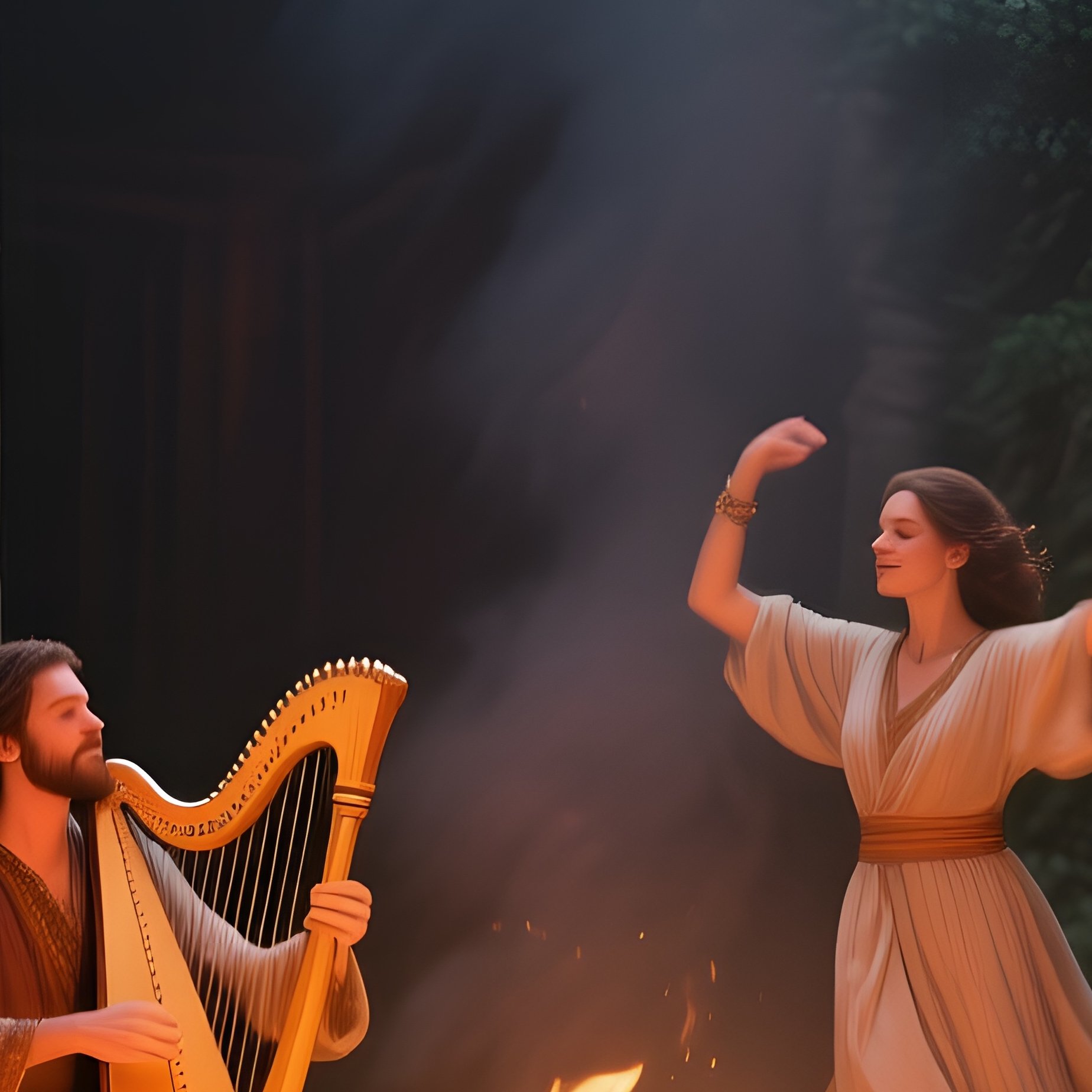 An Intimate Evening Gathering Around A Fire Pit Inside A Stone Courtyard, Musicians Playing Lyres, - Full Resolution Quality Preview