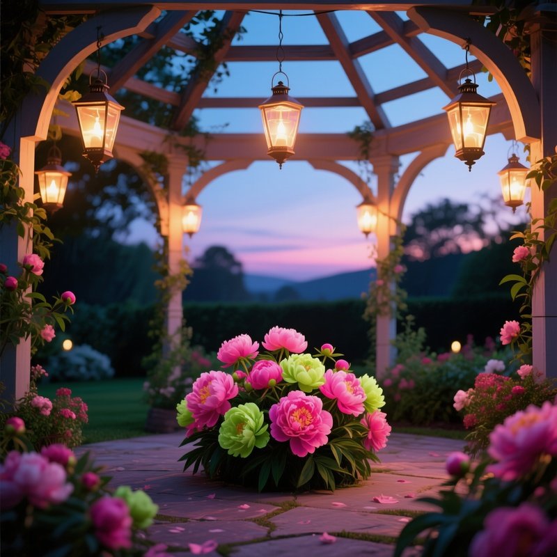 An Intimate Garden Gazebo At Twilight, Lanterns Hanging From Beams Illuminate A Centerpiece Of
