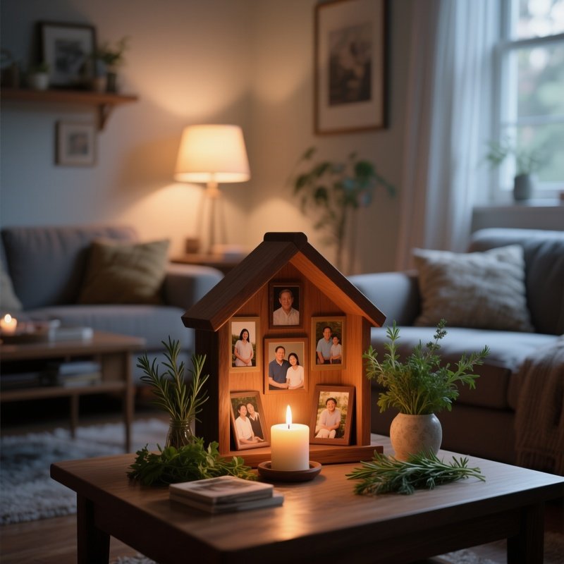 An Intimate Home Altar In A Cozy Living Room, Soft Lamplight Illuminating A Small Wooden Shrine