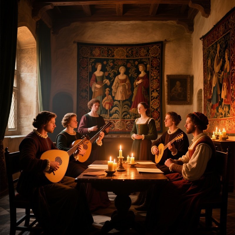 An Intimate Interior Of A Renaissance Music Chamber, Lute Players And Singers Gathered Around A