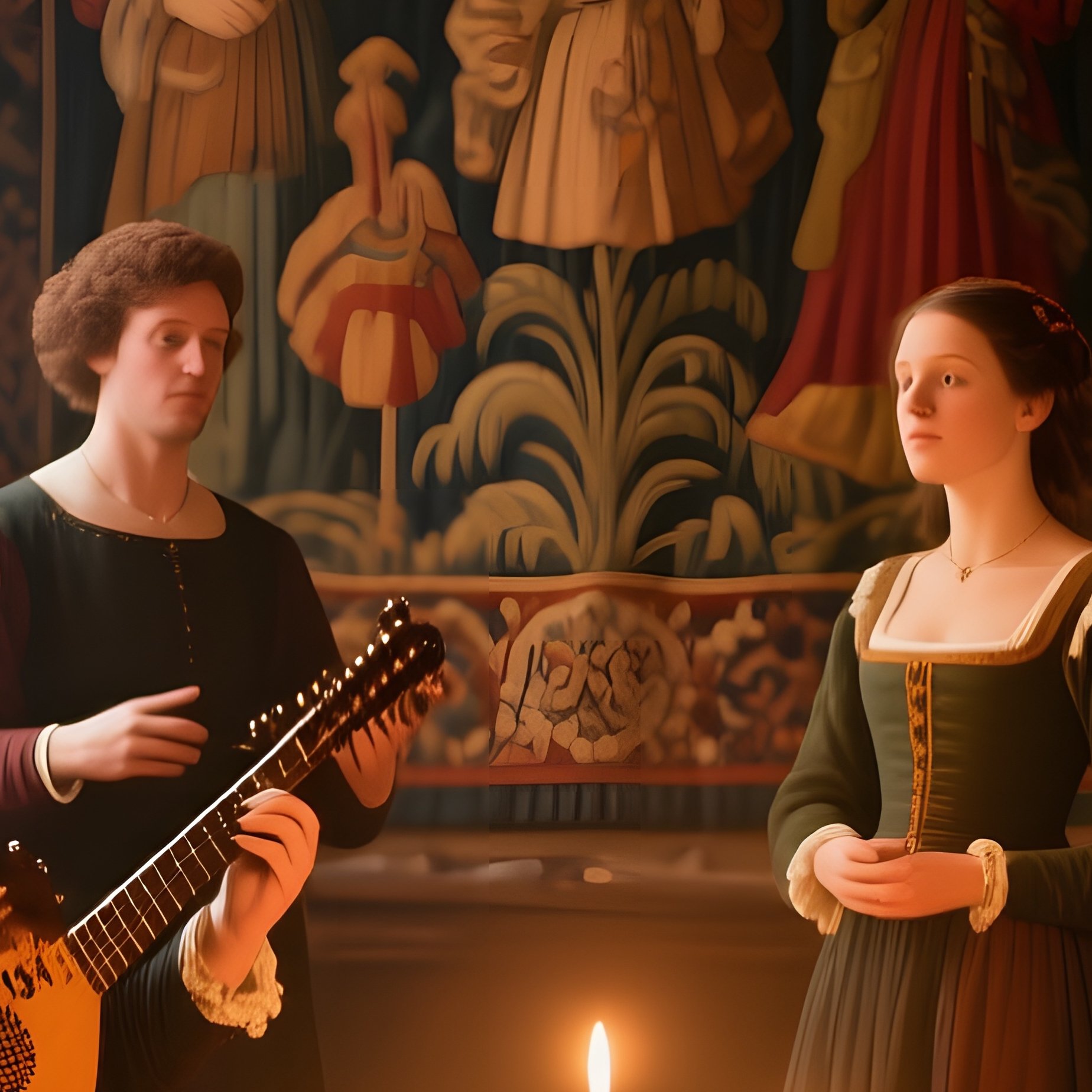 An Intimate Interior Of A Renaissance Music Chamber, Lute Players And Singers Gathered Around A - Full Resolution Quality Preview