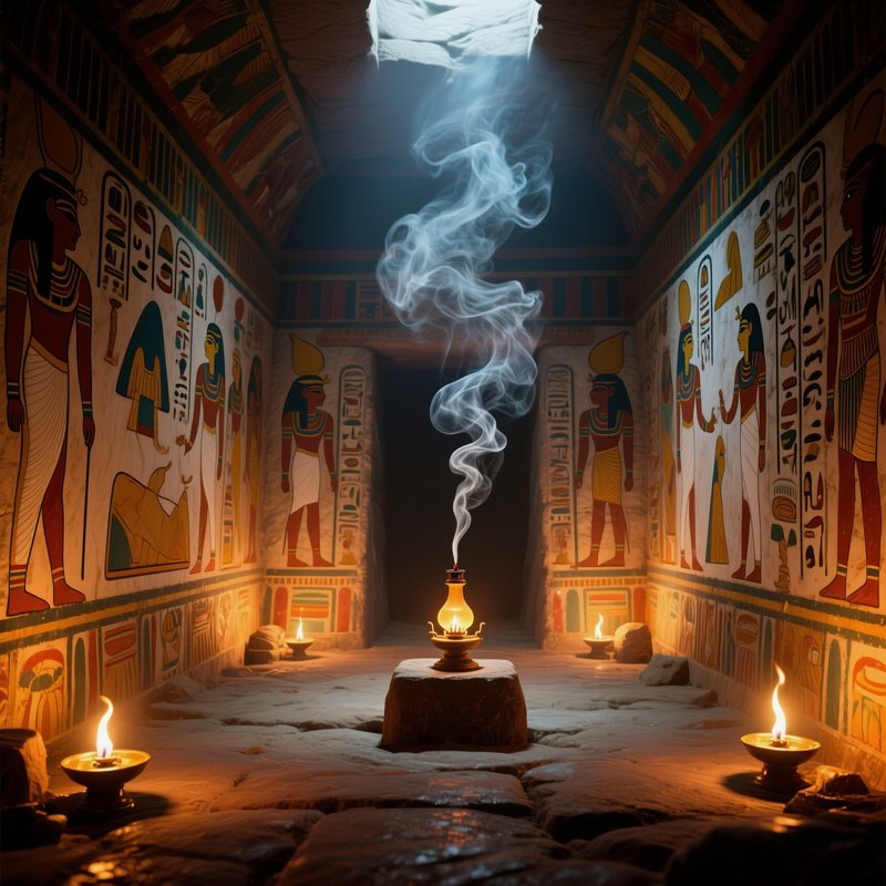 An Intimate Interior Of A Tomb Chamber Lit By Flickering Oil Lamps, Walls Adorned With Vivid