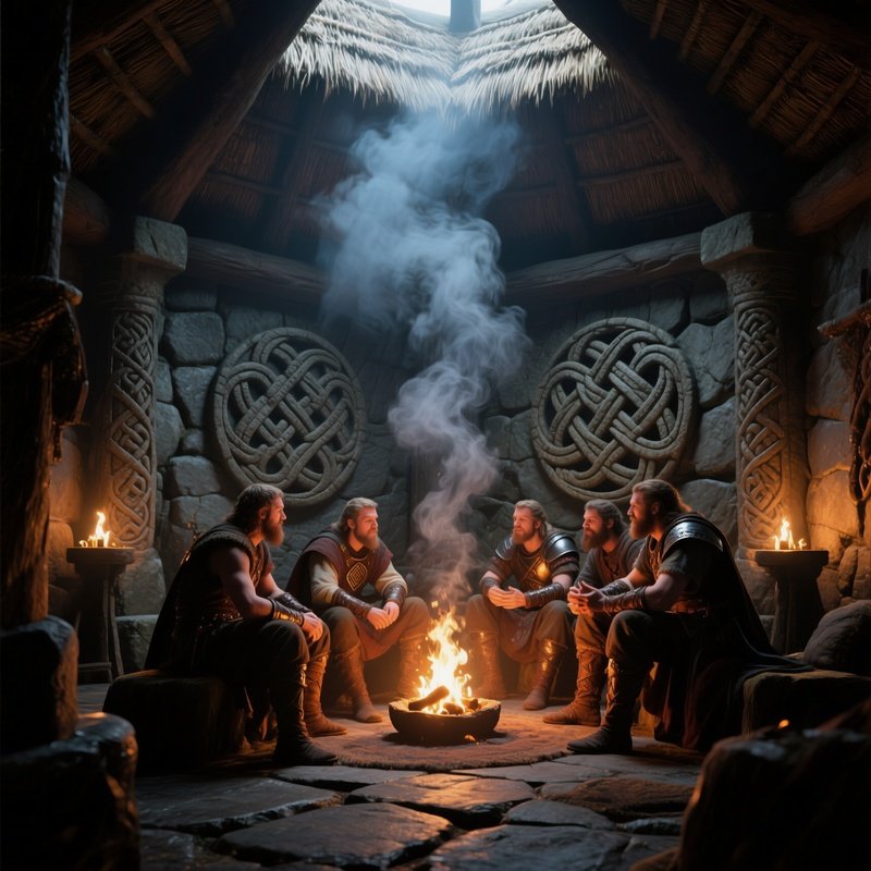 An Intimate Interior Of An Ancient Celtic Hall Lit By Fire Pits, Warriors Sharing Stories,