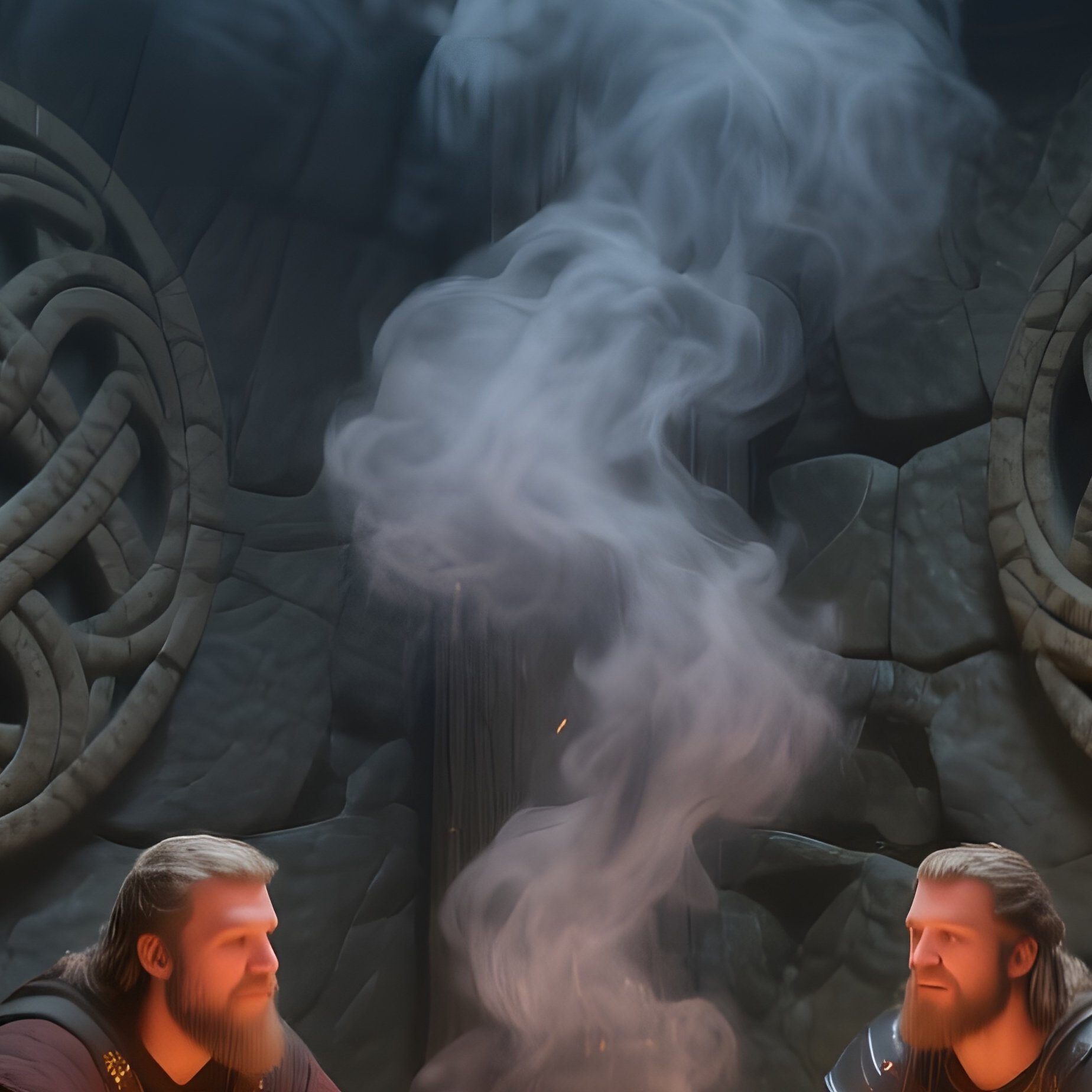 An Intimate Interior Of An Ancient Celtic Hall Lit By Fire Pits, Warriors Sharing Stories, - Full Resolution Quality Preview