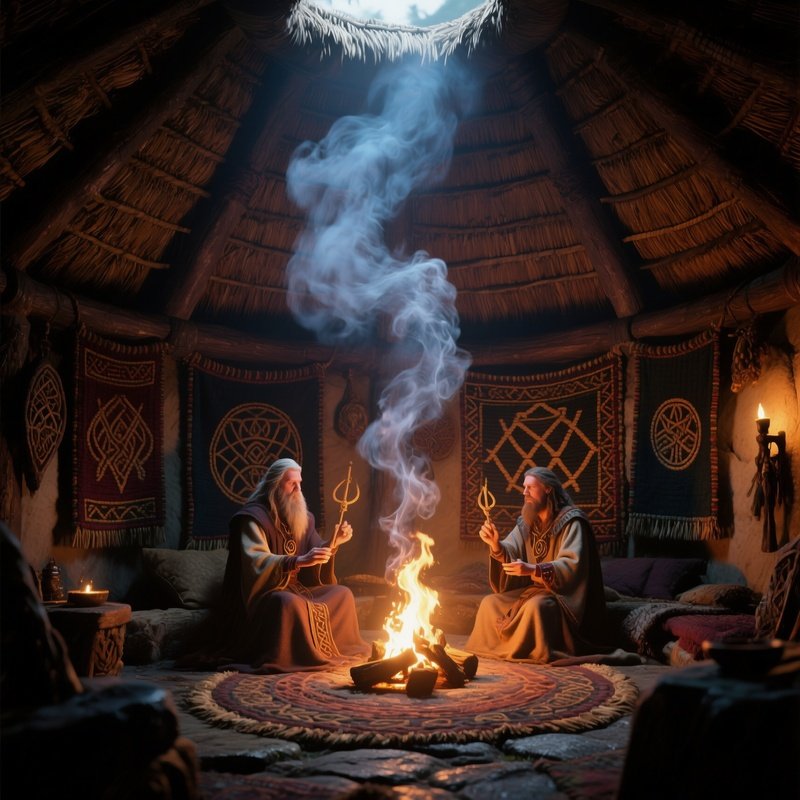 An Intimate Interior Of An Ancient Celtic Roundhouse Lit By Firelight, Woven Tapestries Covering