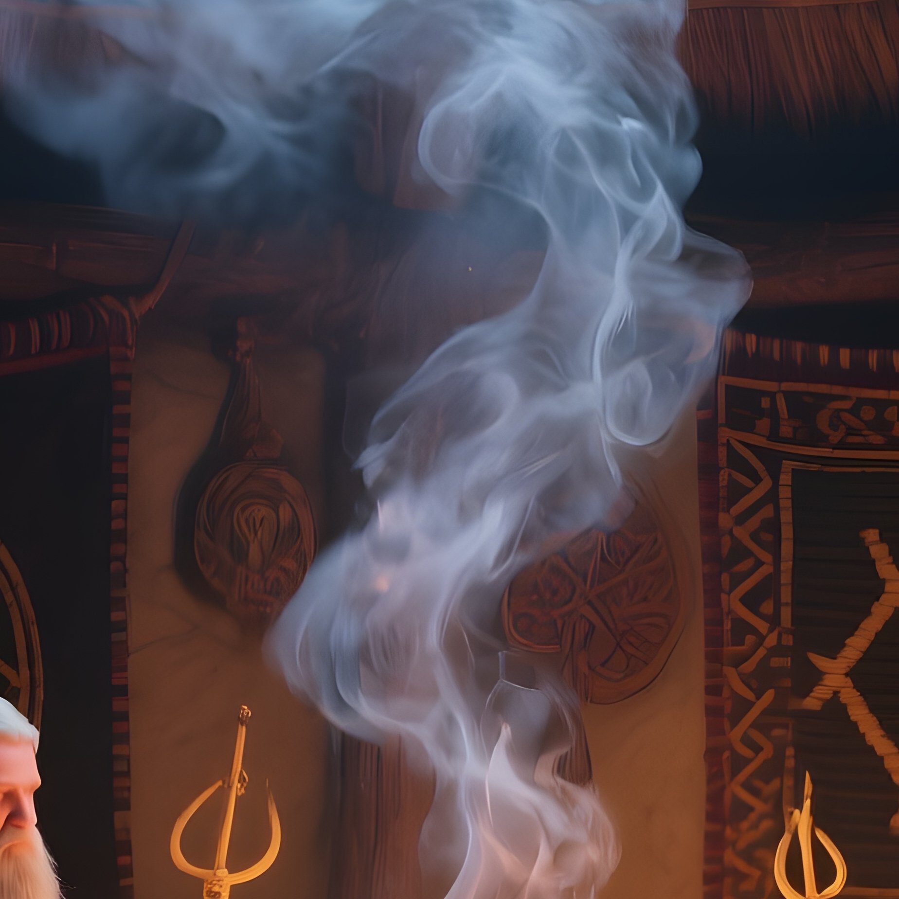 An Intimate Interior Of An Ancient Celtic Roundhouse Lit By Firelight, Woven Tapestries Covering - Full Resolution Quality Preview