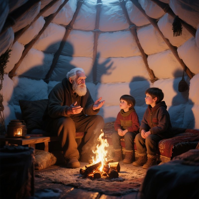 An Intimate Interior Of An Igloo Where An Elderly Man Tells Stories To Grandchildren, Shadows