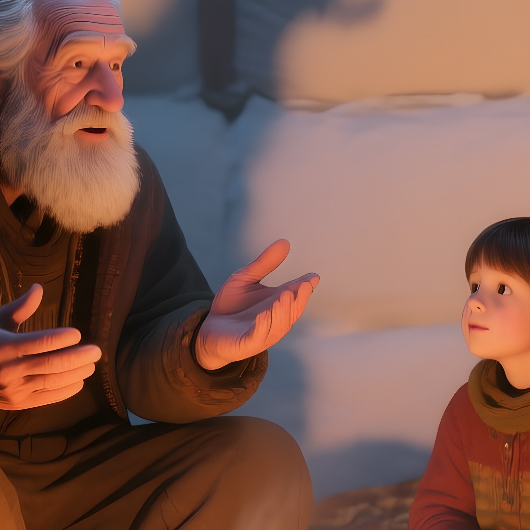An Intimate Interior Of An Igloo Where An Elderly Man Tells Stories To Grandchildren, Shadows - Full Resolution Quality Preview