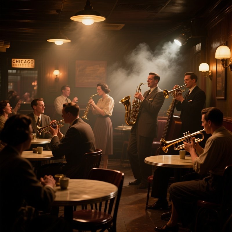An Intimate Jazz Club Interior In Chicago’S South Side During The 1940S, Dim Amber Lighting, Smoky