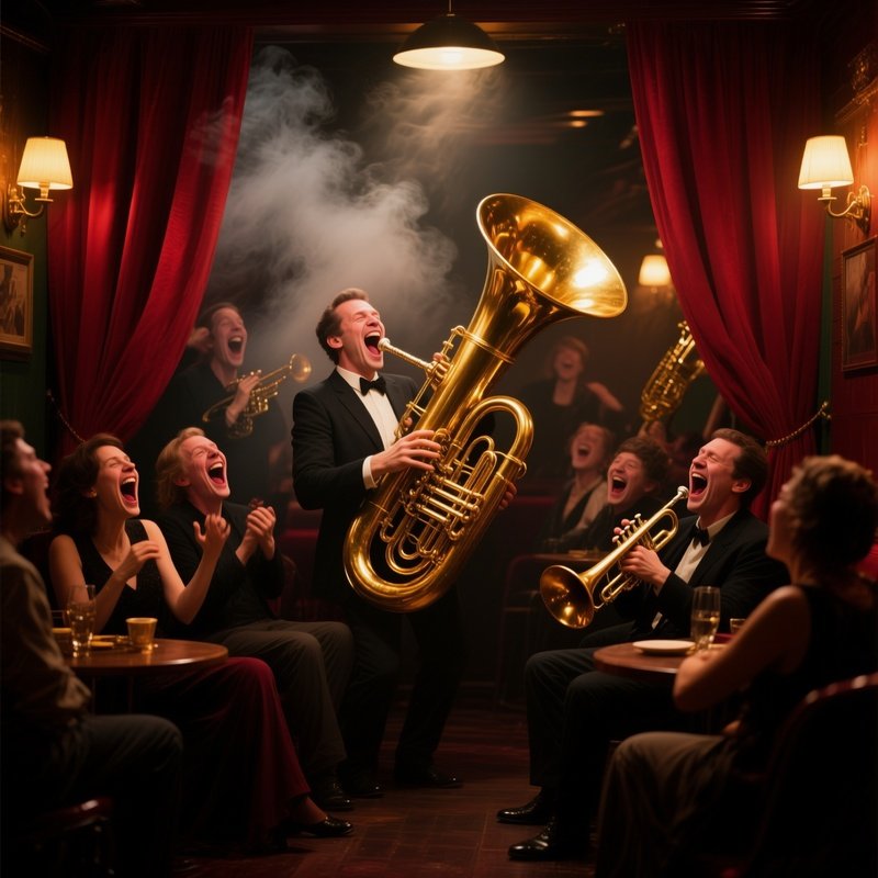 An Intimate Jazz Club Interior, Smoky Atmosphere With Deep Crimson Drapes, Brass Instruments
