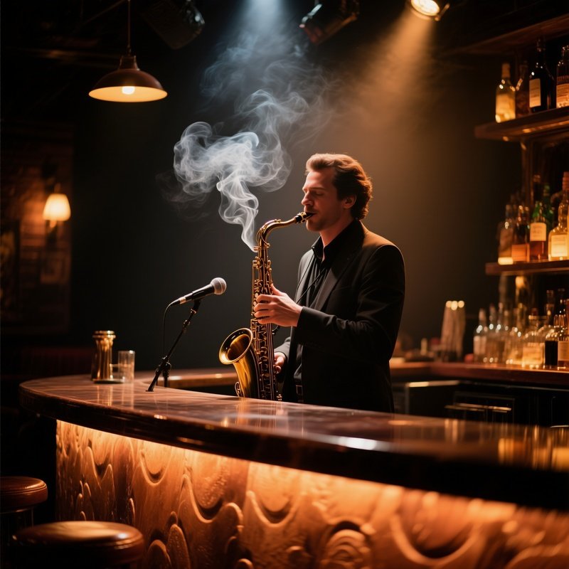 An Intimate Jazz Club Scene, Stage With A Clay Saxophone Player, Low Amber Lighting, Smoke Curling