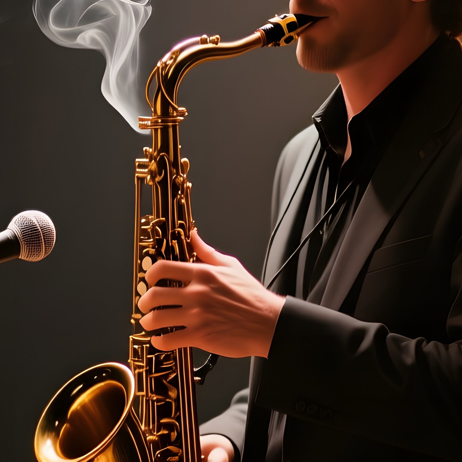 An Intimate Jazz Club Scene, Stage With A Clay Saxophone Player, Low Amber Lighting, Smoke Curling - Full Resolution Quality Preview