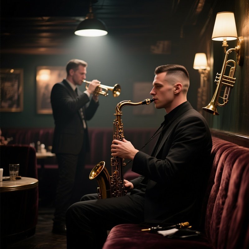 An Intimate Jazz Lounge With Low Lighting And Velvet Seats; A Saxophonist Receives A Neat Crew Cut