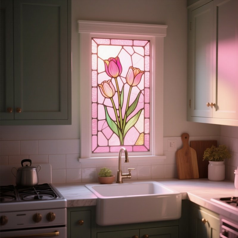An Intimate Kitchen Nook With A Tiny Stained Glass Panel Of Tulips Above The Sink, Morning Light