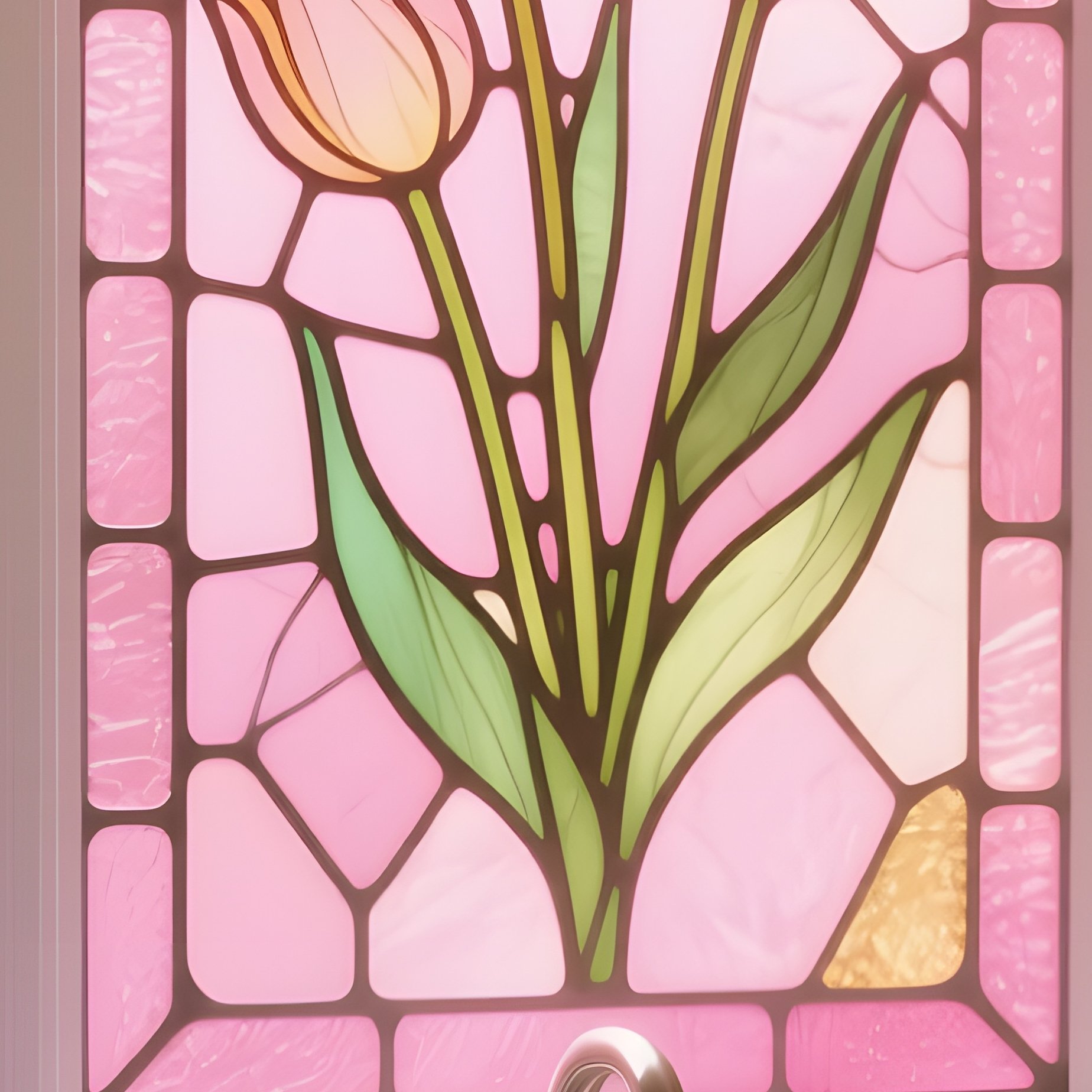 An Intimate Kitchen Nook With A Tiny Stained Glass Panel Of Tulips Above The Sink, Morning Light - Full Resolution Quality Preview