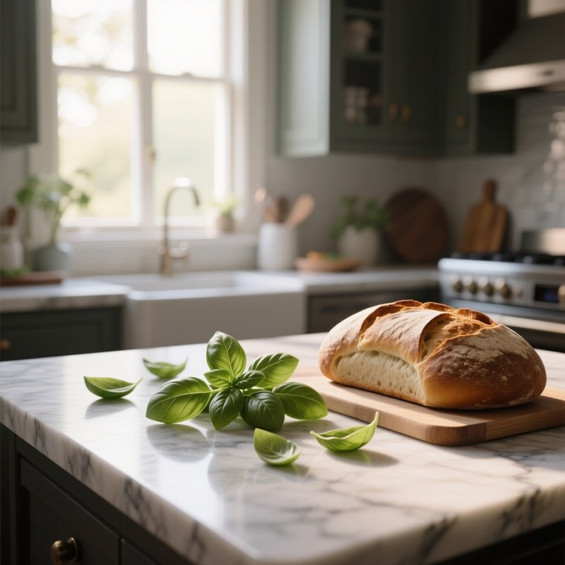 An Intimate Kitchen Scene Where Fresh Basil Leaves Are Scattered Across A Marble Countertop Beside