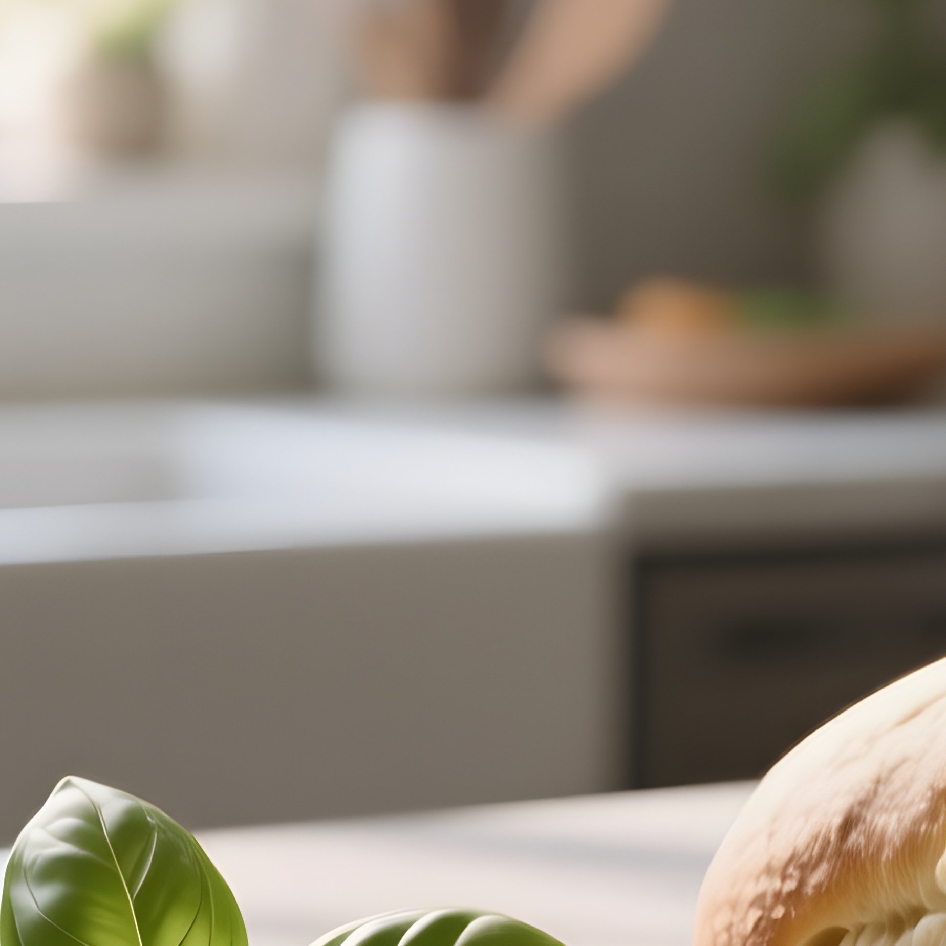 An Intimate Kitchen Scene Where Fresh Basil Leaves Are Scattered Across A Marble Countertop Beside - Full Resolution Quality Preview