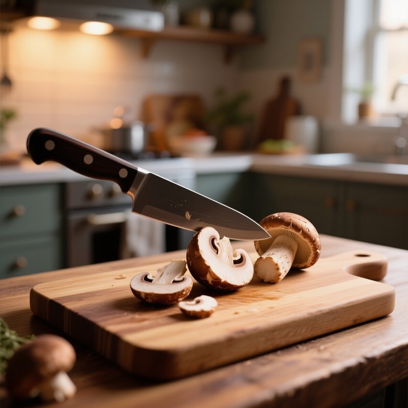 An Intimate Kitchen Scene With A Wooden Cutting Board, Knife Poised Above A Sliced Porcini