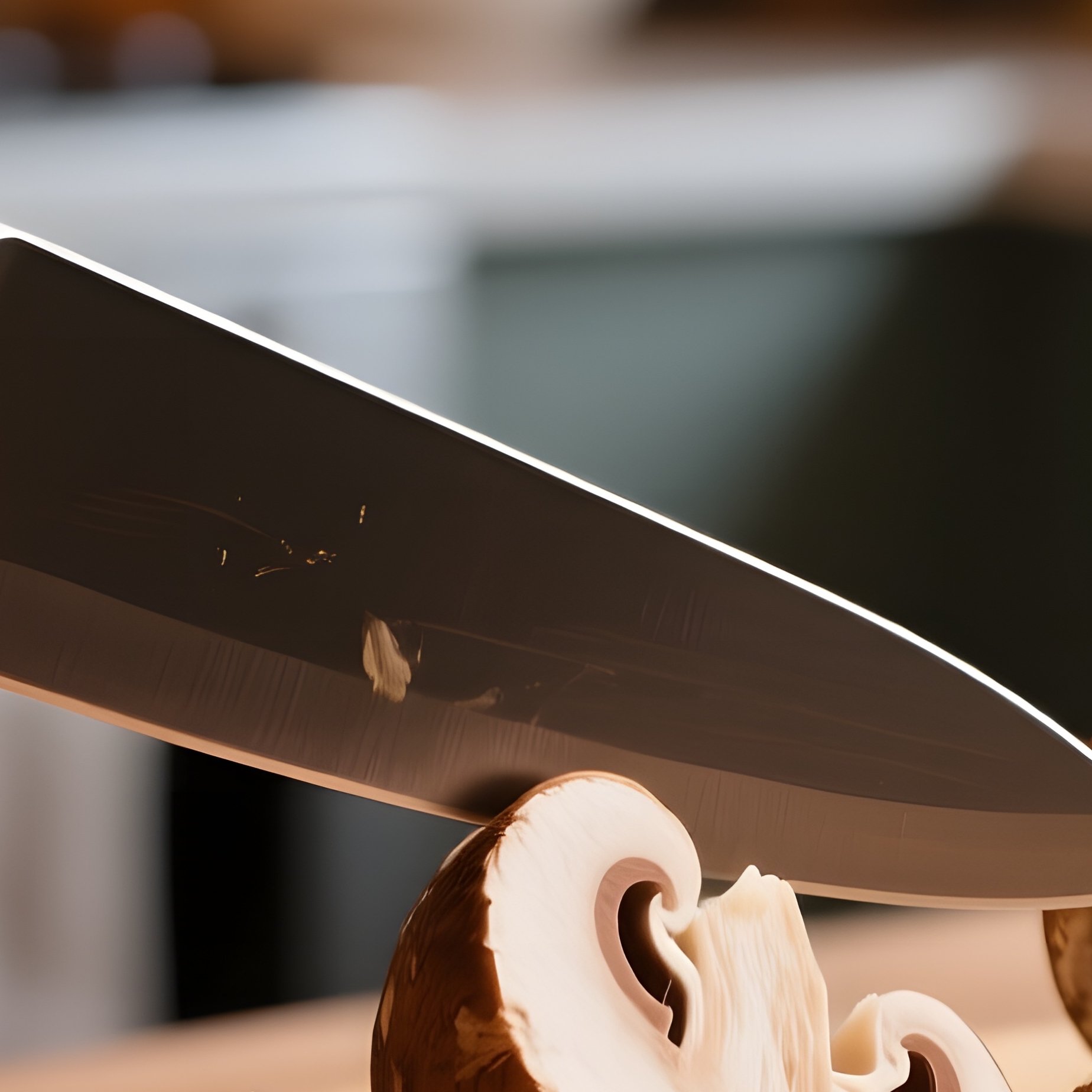 An Intimate Kitchen Scene With A Wooden Cutting Board, Knife Poised Above A Sliced Porcini - Full Resolution Quality Preview