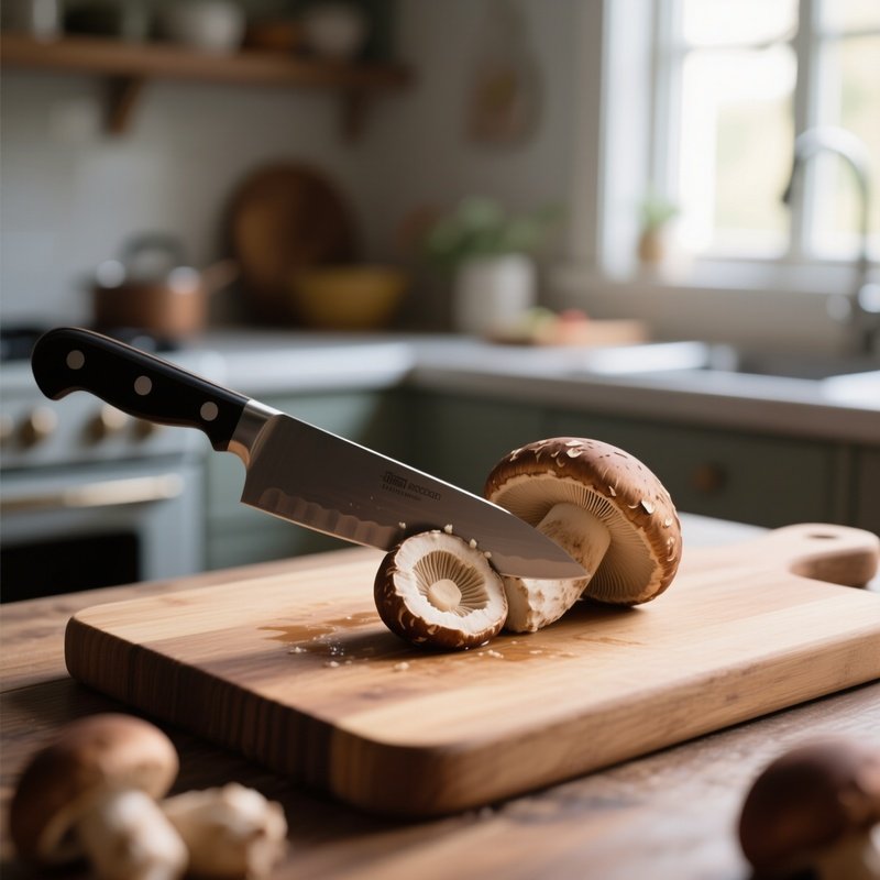 An Intimate Kitchen Scene With A Wooden Cutting Board, Knife Slicing Through A Fresh Porcini