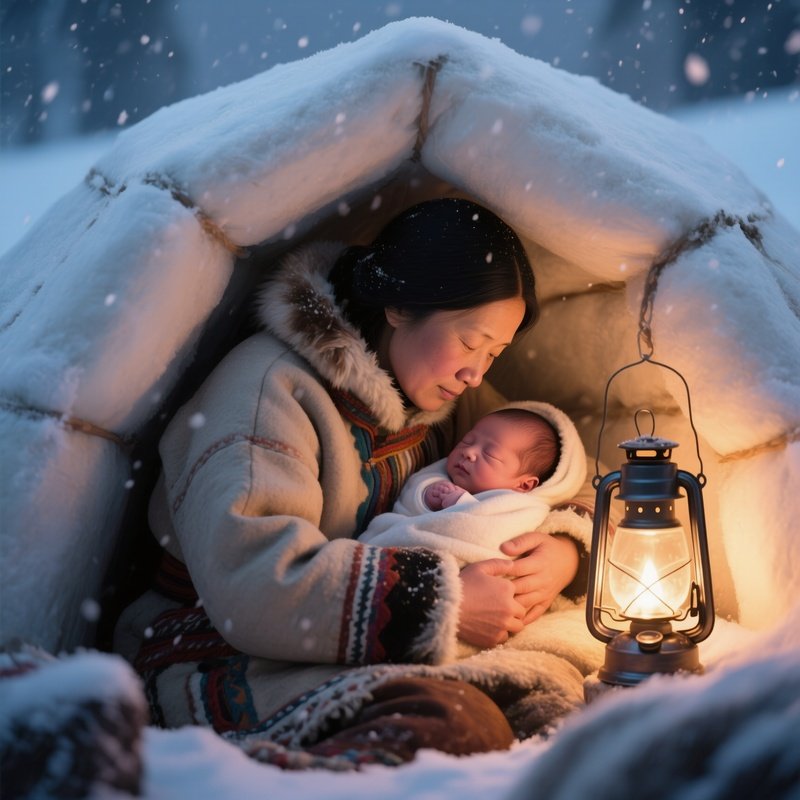 An Intimate Moment Of An Inuit Mother Cradling Her Newborn Inside A Warm Igloo, Soft Light From A