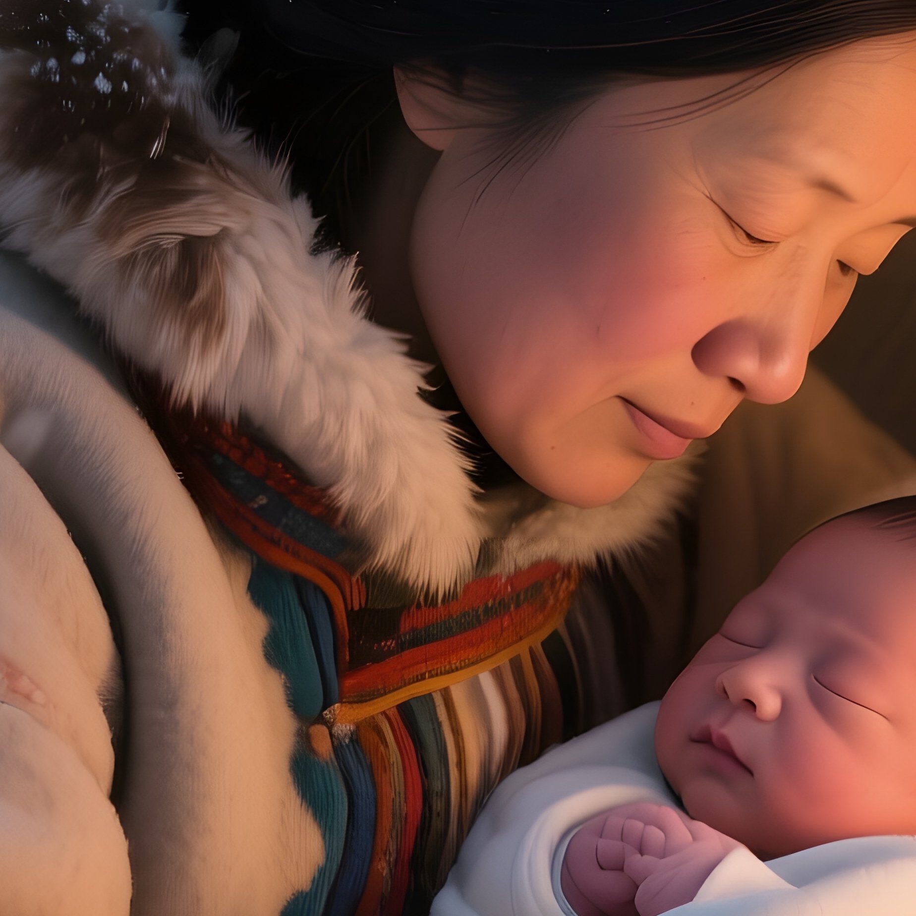An Intimate Moment Of An Inuit Mother Cradling Her Newborn Inside A Warm Igloo, Soft Light From A - Full Resolution Quality Preview
