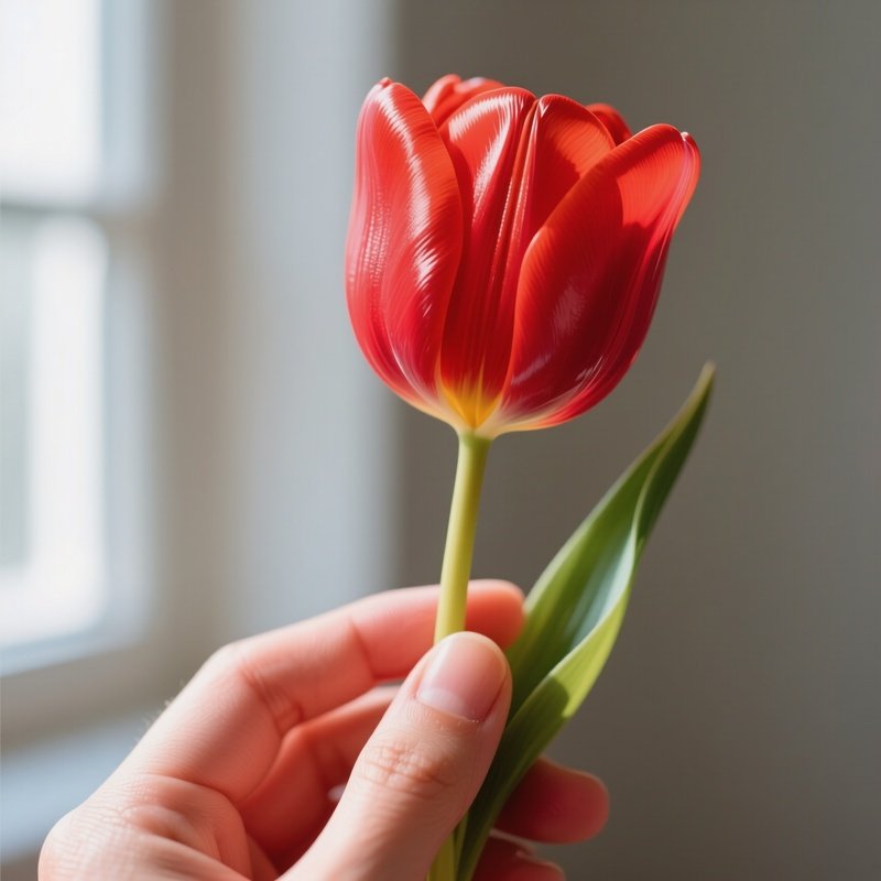 An Intimate Portrait Of A Hand Holding A Single Pop‑Art Tulip In Bright Red, Soft Natural Window