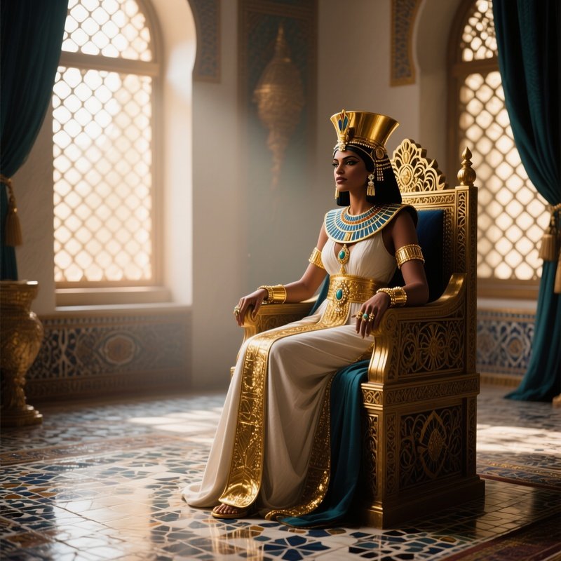 An Intimate Portrait Of An Egyptian Queen In Her Private Chambers, Seated On A Richly Carved