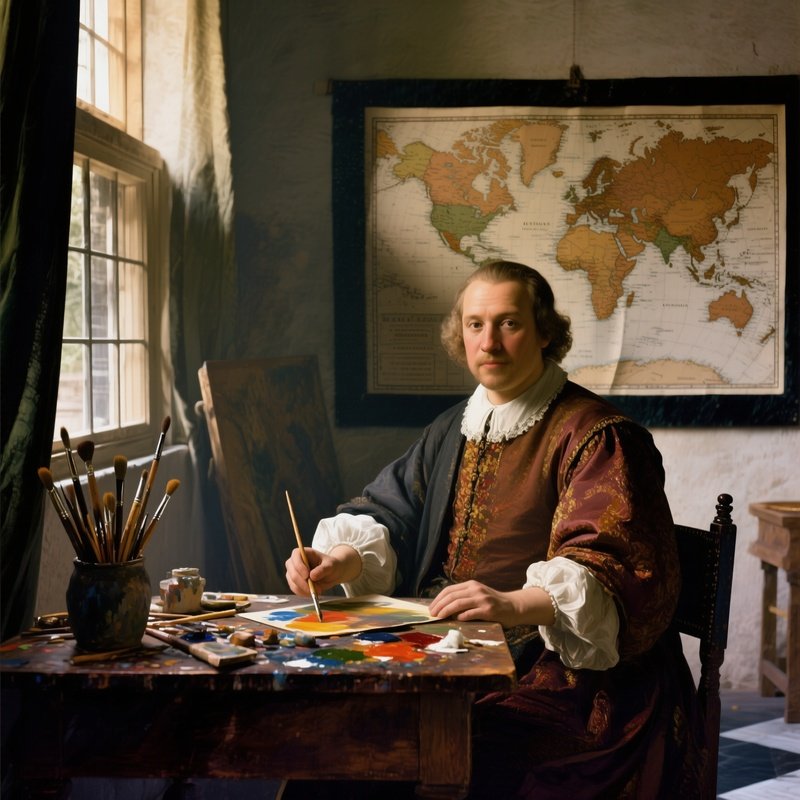 An Intimate Portrait Studio Of The Dutch Golden Age, Soft Window Light Illuminating A Richly