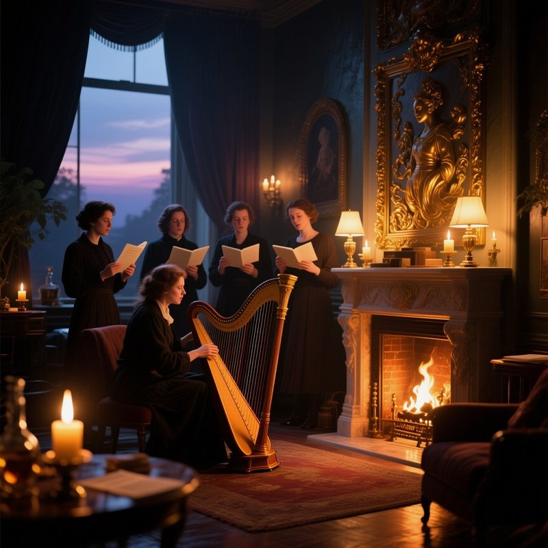 An Intimate Salon At Twilight, Oil Lamps Casting Warm Glows On A Harpsichord And A Group Of Poets