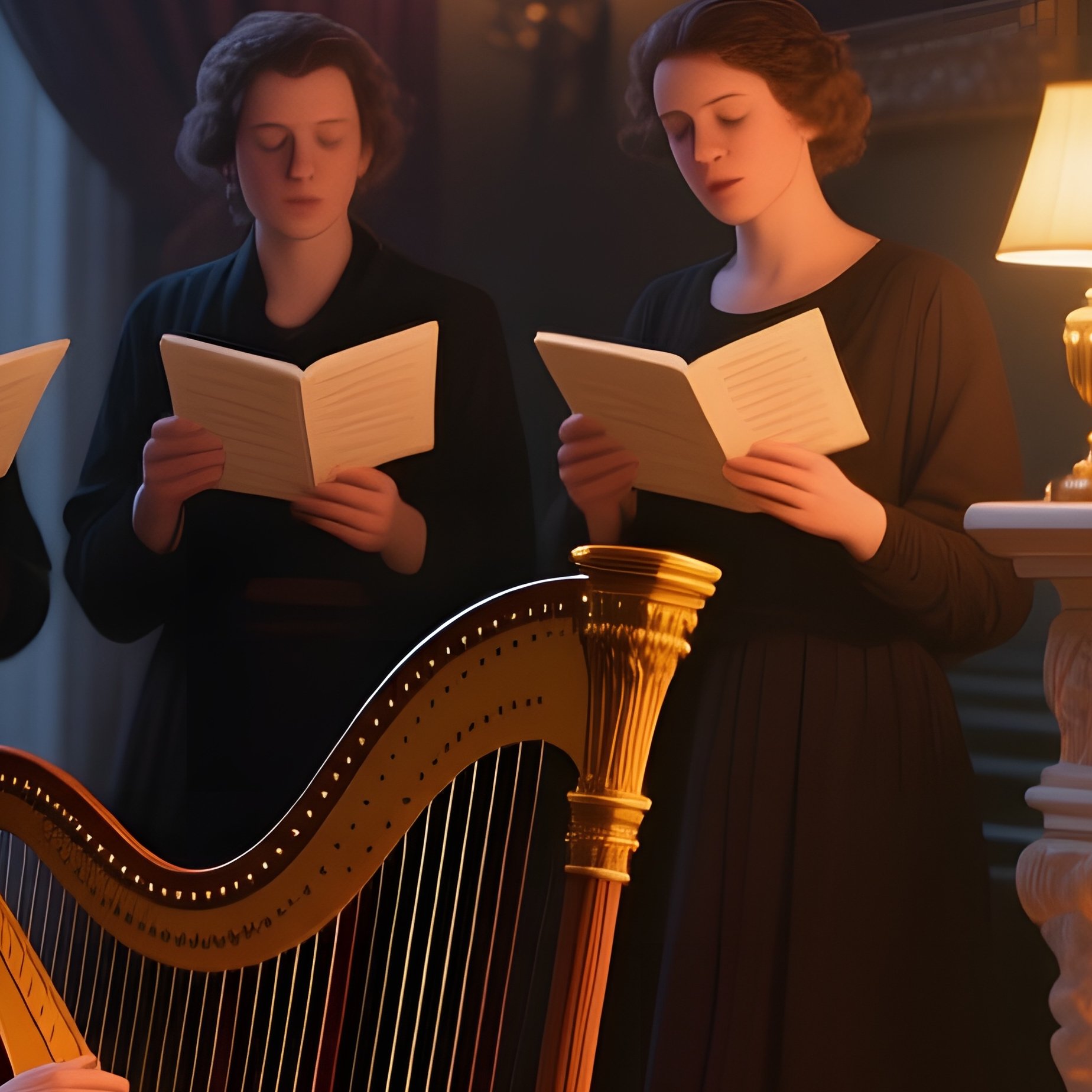 An Intimate Salon At Twilight, Oil Lamps Casting Warm Glows On A Harpsichord And A Group Of Poets - Full Resolution Quality Preview