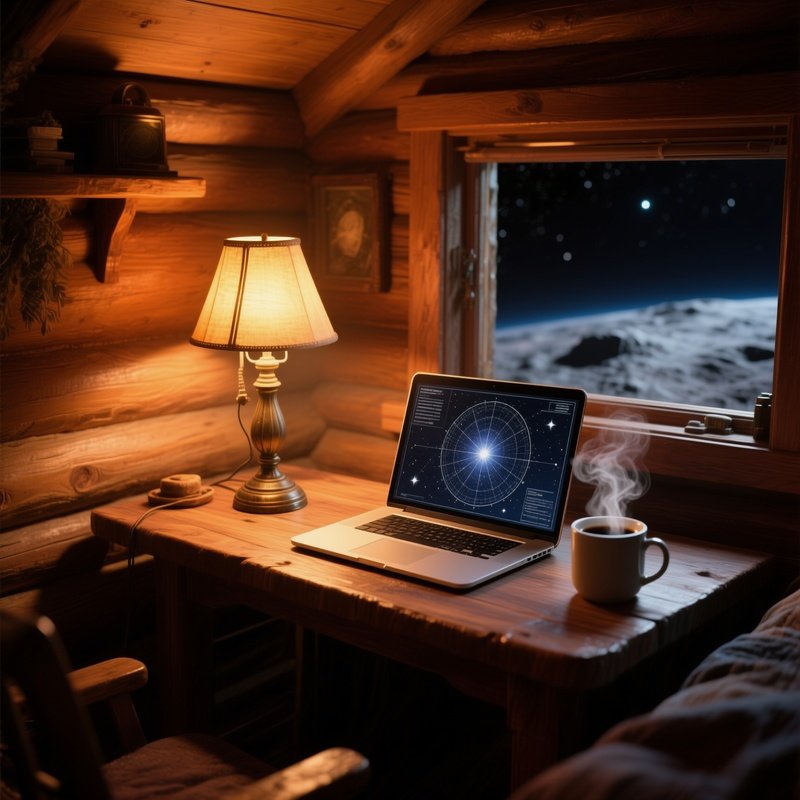 An Intimate Scene Inside A Small Cabin On An Asteroid, Warm Amber Lighting From A Vintage Lamp, A