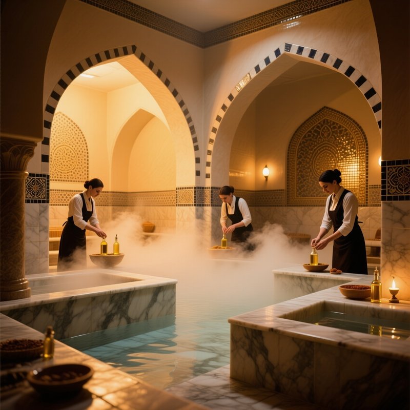 An Intimate Scene Inside A Turkish Hammam, Steam Rising From Marble Pools, Warm Golden Light