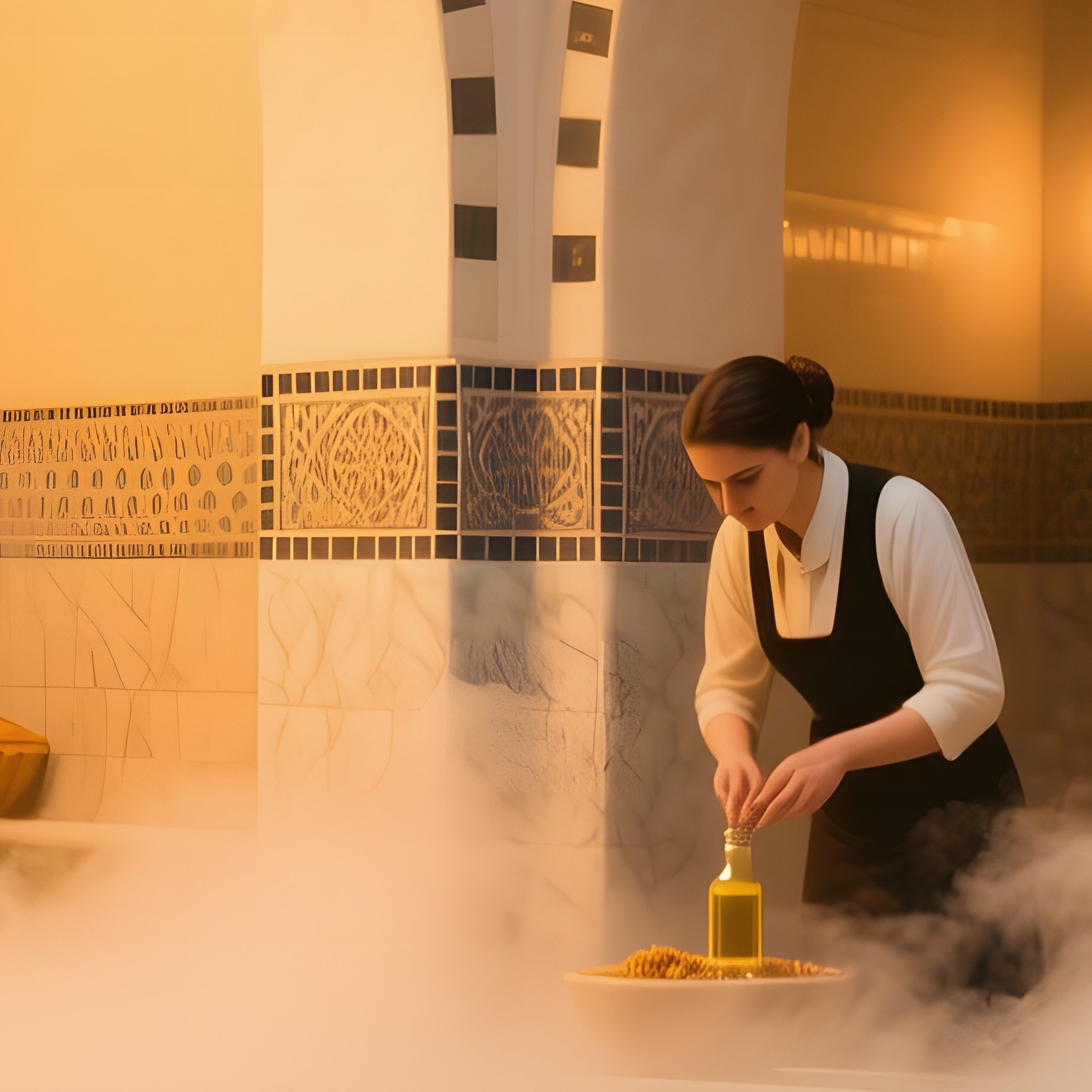 An Intimate Scene Inside A Turkish Hammam, Steam Rising From Marble Pools, Warm Golden Light - Full Resolution Quality Preview