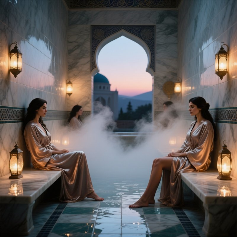 An Intimate Scene Inside An Ottoman Hammam At Twilight, Marble Benches, Steam Rising, Women In Silk