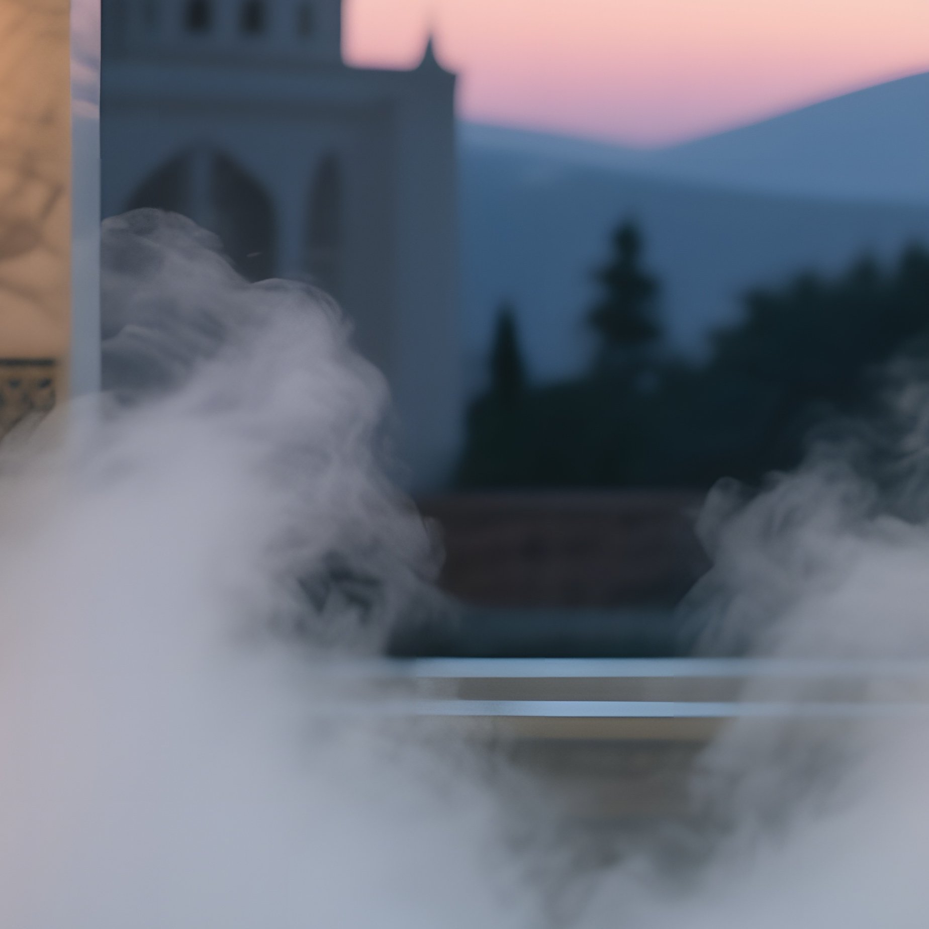 An Intimate Scene Inside An Ottoman Hammam At Twilight, Marble Benches, Steam Rising, Women In Silk - Full Resolution Quality Preview