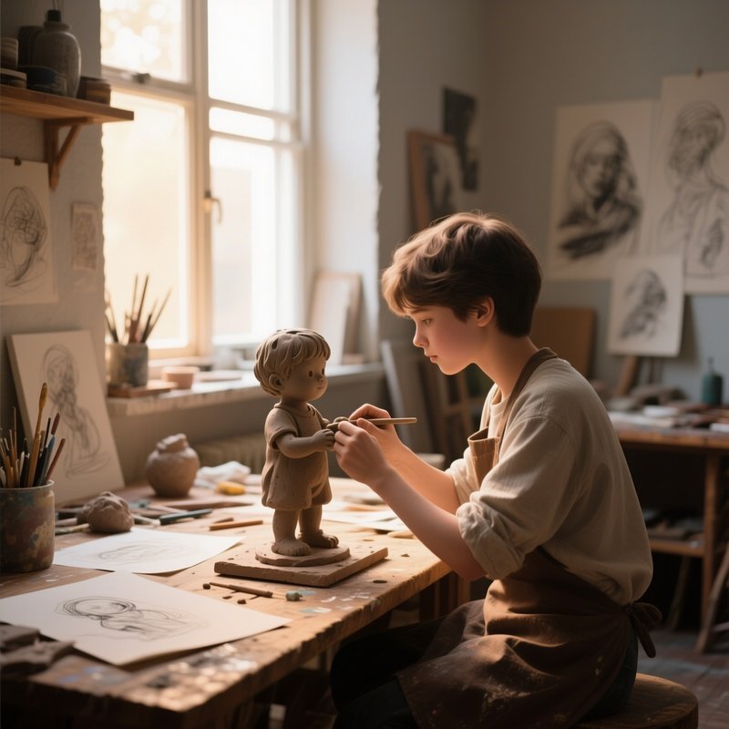 An Intimate Studio Corner Where A Young Artist Shapes A Clay Figurine Of A Child, Warm Window Light