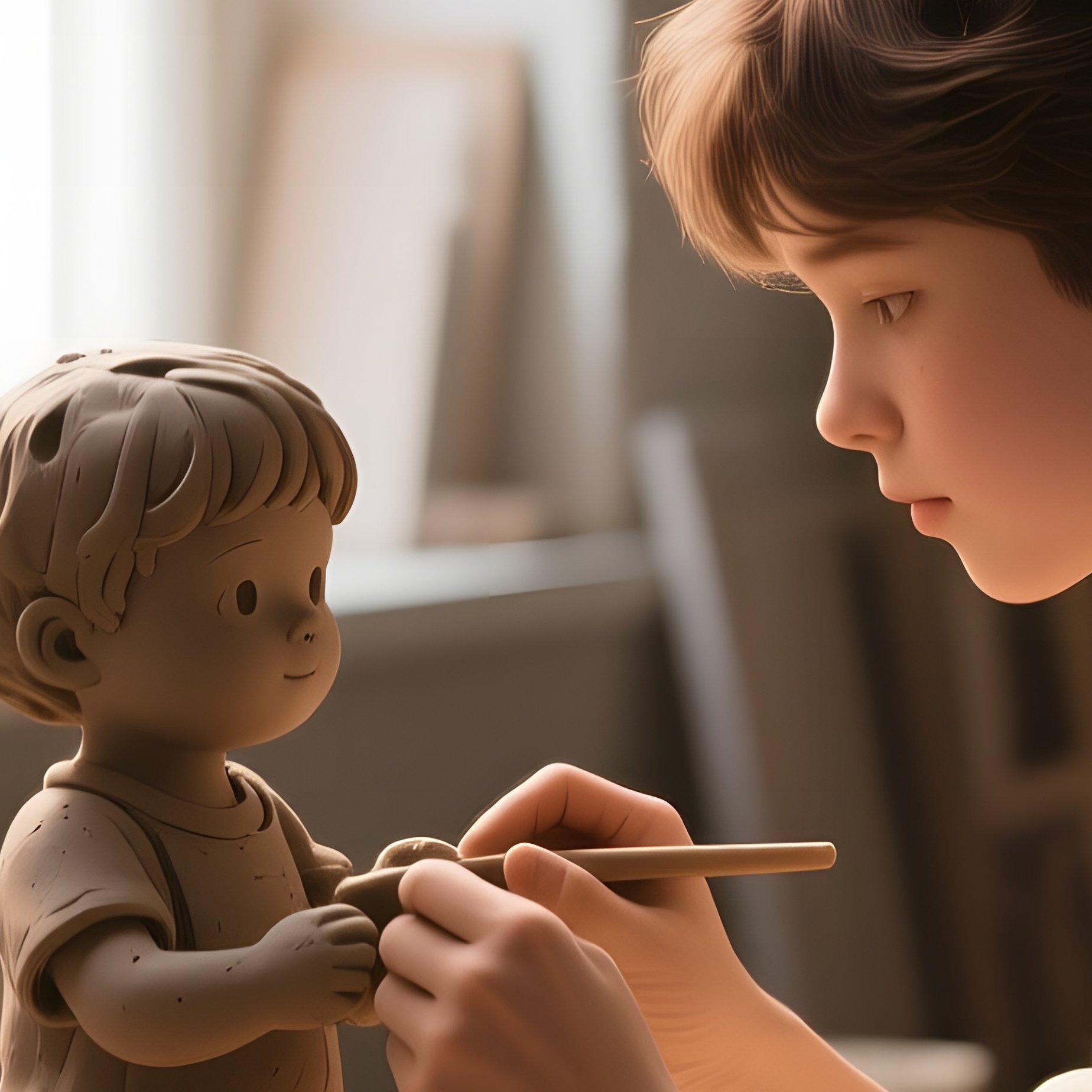 An Intimate Studio Corner Where A Young Artist Shapes A Clay Figurine Of A Child, Warm Window Light - Full Resolution Quality Preview