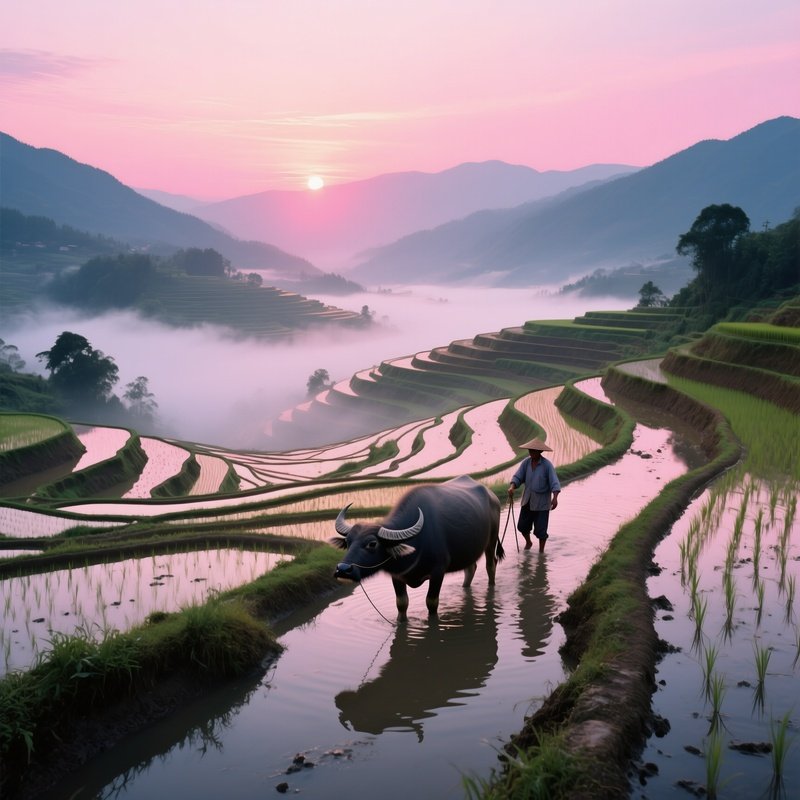 An Intimate Sunrise Over The Rice Terraces Of Yunnan, Mist Rising From Flooded Fields, Distant