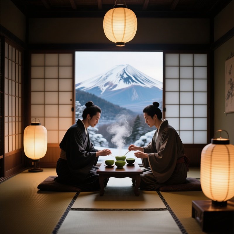 An Intimate Tea Ceremony Inside A Traditional Japanese Teahouse, Paper Lanterns Glowing Softly,
