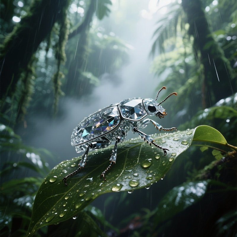 An Intricate Crystal Beetle Perched On A Dew‑Covered Leaf In A Rainforest Canopy, Sunlight