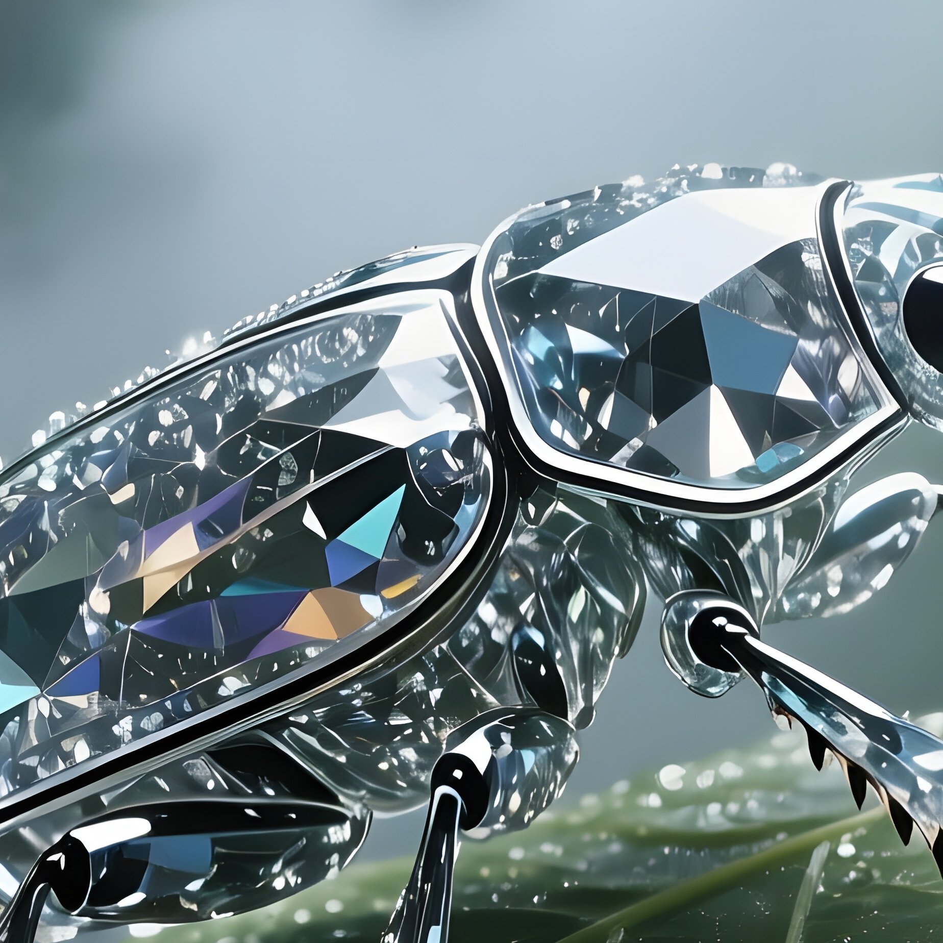 An Intricate Crystal Beetle Perched On A Dew‑Covered Leaf In A Rainforest Canopy, Sunlight - Full Resolution Quality Preview