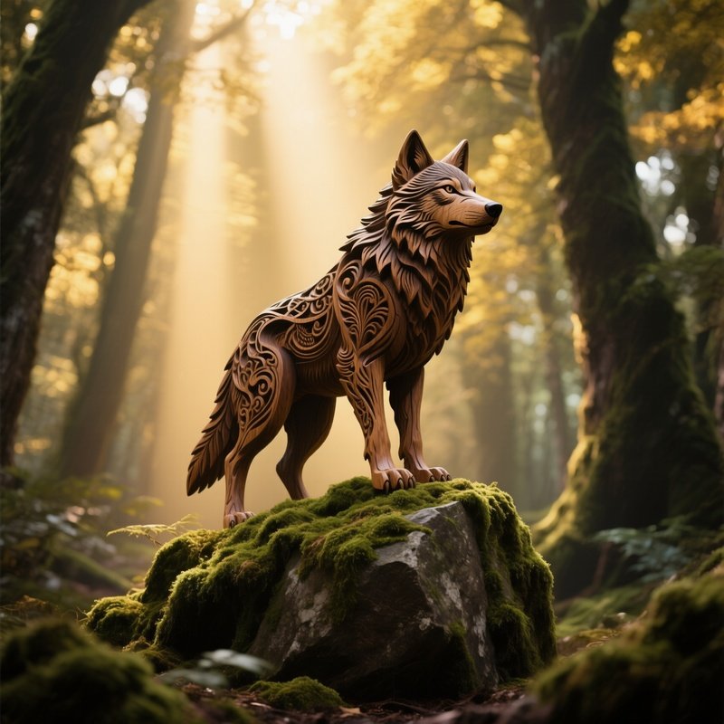 An Intricately Carved Wooden Wolf Perched Atop A Moss‑Covered Boulder In An Enchanted Forest,