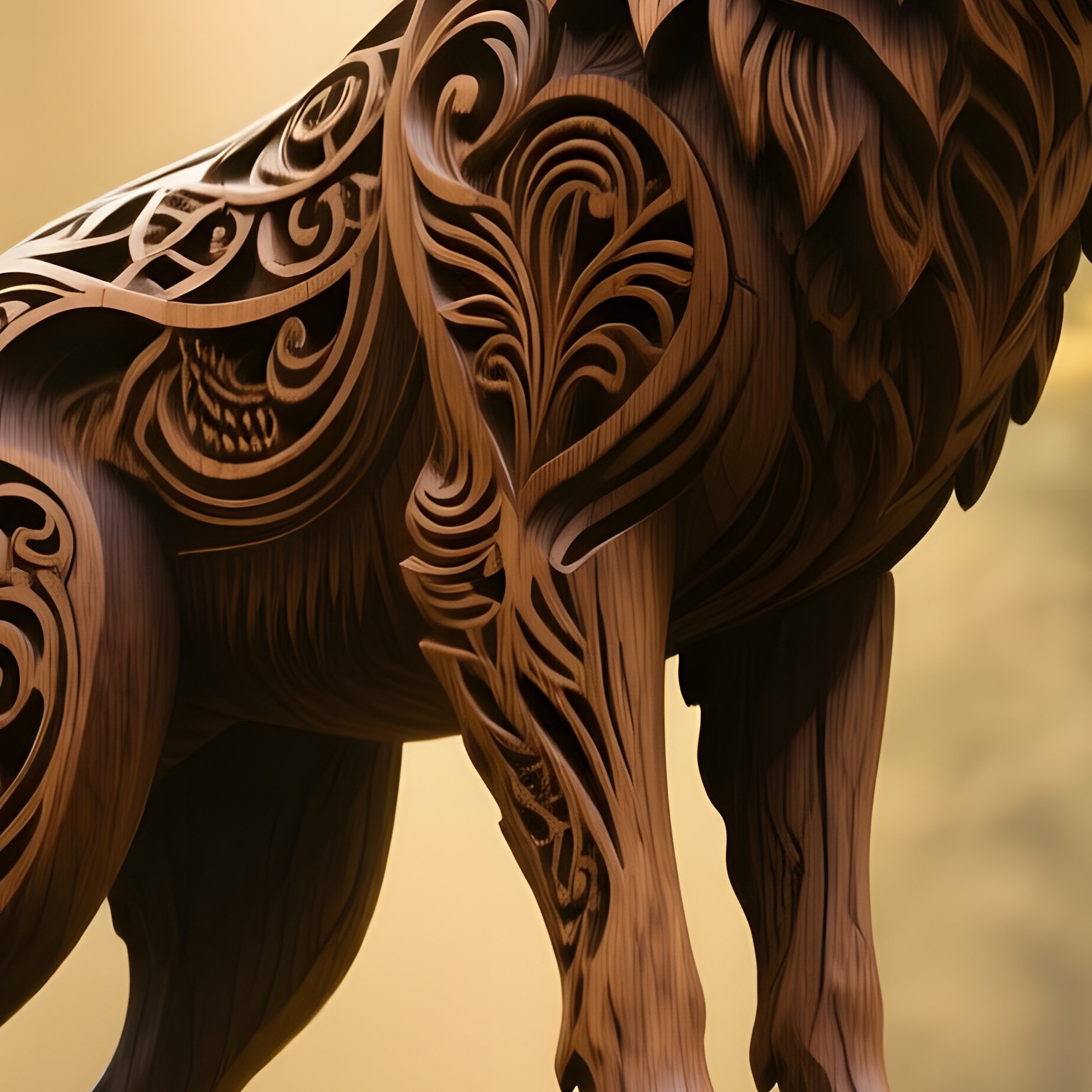 An Intricately Carved Wooden Wolf Perched Atop A Moss‑Covered Boulder In An Enchanted Forest, - Full Resolution Quality Preview