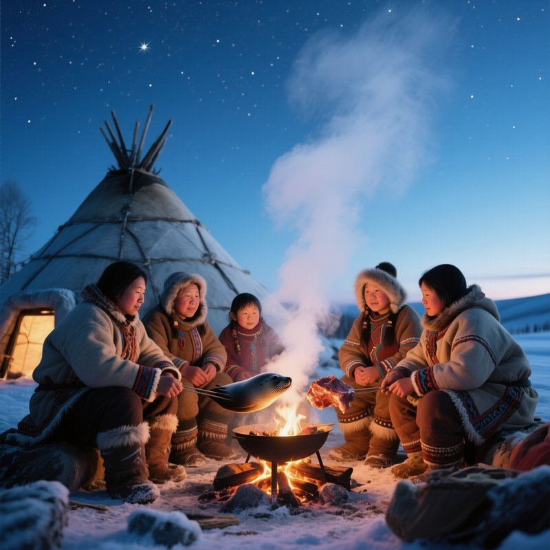 An Inuit Family Gathered Around An Outdoor Cooking Pit Near Their Igloo, Roasting Seal Meat While