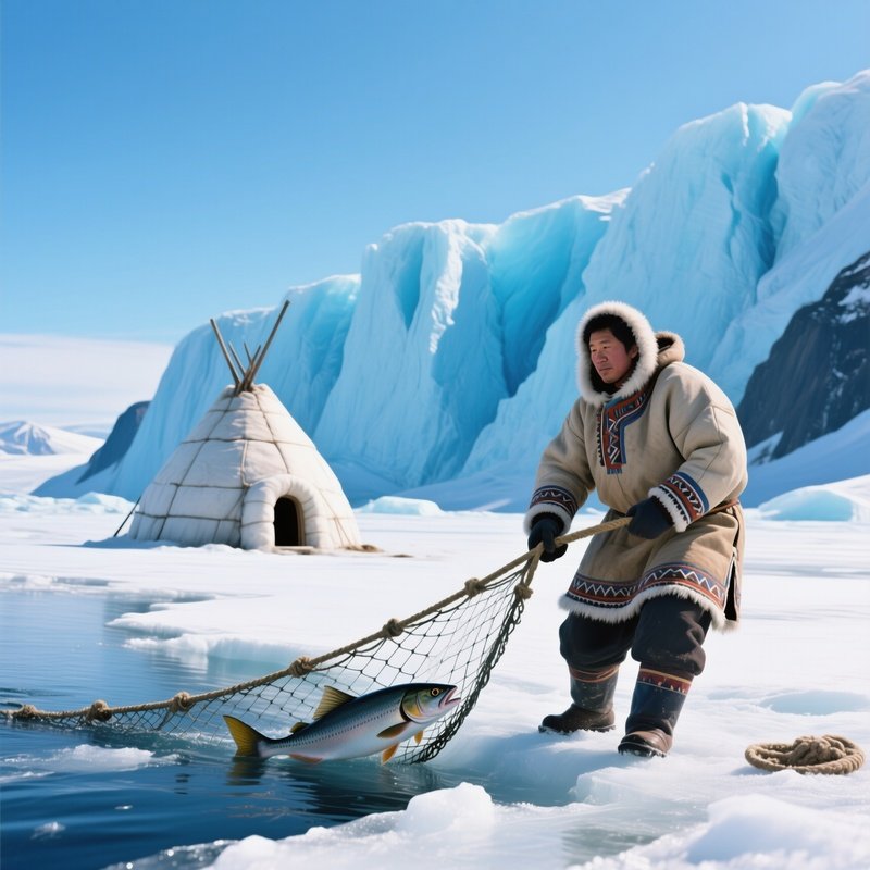 An Inuit Fisherman Pulling A Net Onto The Icy Shore While A Lone Igloo Stands Against A Backdrop Of