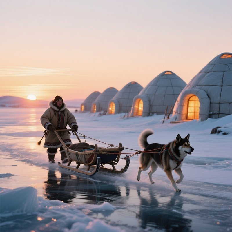 An Inuit Hunter With A Dog Team Pulling A Sled Across A Frozen Sea, The Background Featuring A Line