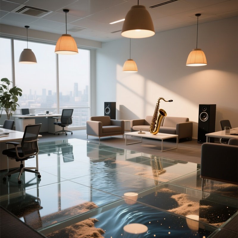 An Office Break Area Featuring A Transparent Floor That Reveals A Slow‑Moving River Of Space Dust