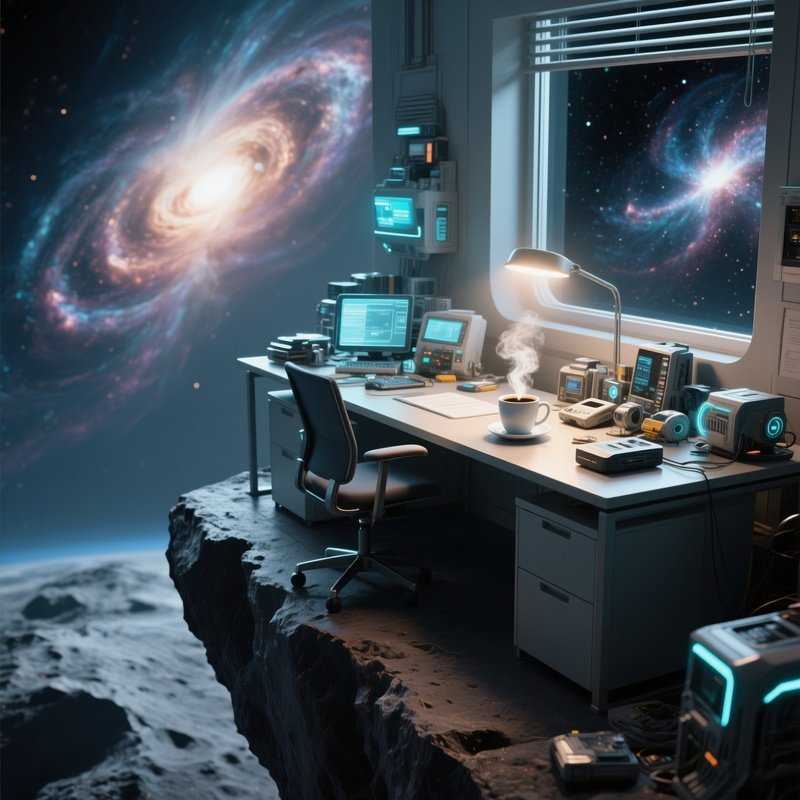 An Office Desk Perched On A Narrow Ledge Of An Asteroid, Cluttered With Futuristic Gadgets, A